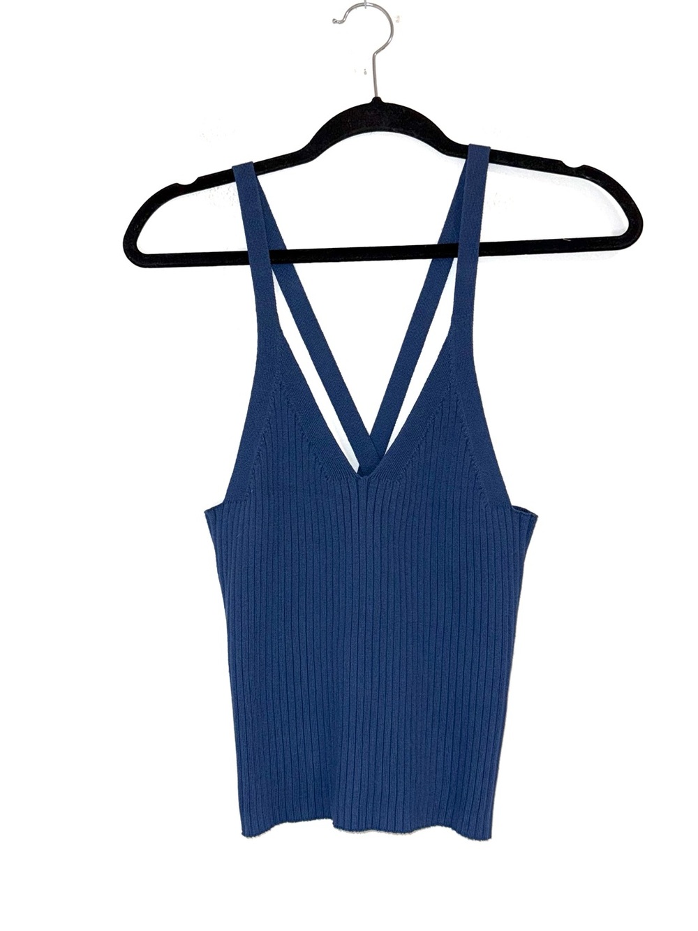 Women's Ribbed V-Neck Strappy Tank Top - Navy